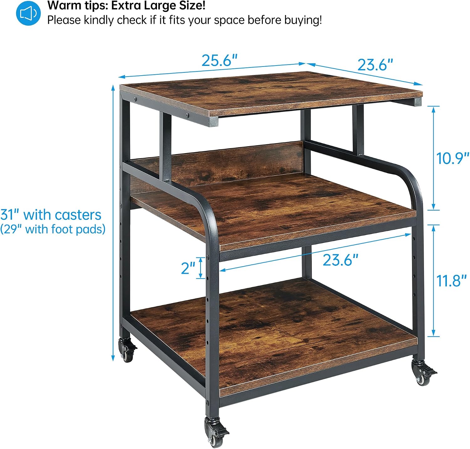 Fannova 23.6' Deep Extra Large Printer Stand, 3 Tier Printer Table with Adjustable Storage Shelf, Rolling Printer Cart with Industrial Wheels for Home Office, Rustic Brown