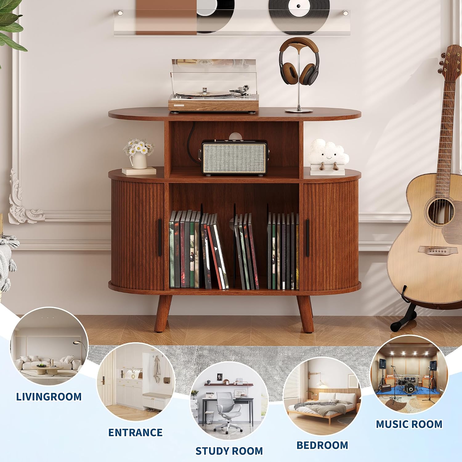 Garvee 35'' Fluted Mid Century Modern Turntable Cabinet, Large Round Record Player Stand with Charging Station and Display Shelf, Arched Wood Record Player Table for Living Room