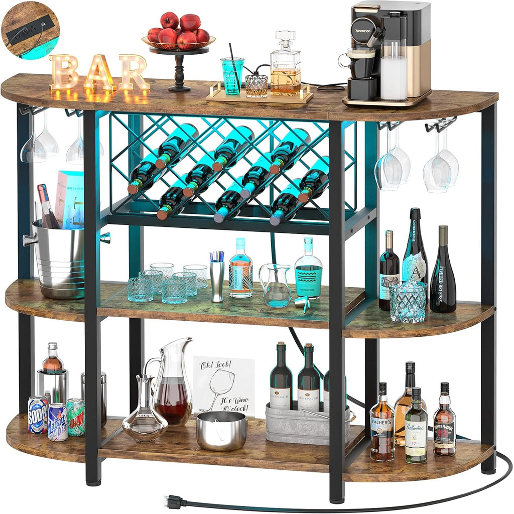 Unikito Wine Rack Table with Socket and LED Light, Floor Bar Cabinet for Liquor and Glasses, Wood Coffee Bar Table with Adjustable Wine Rack, FreeStanding Sideboard and Buffet Cabinet, Rustic