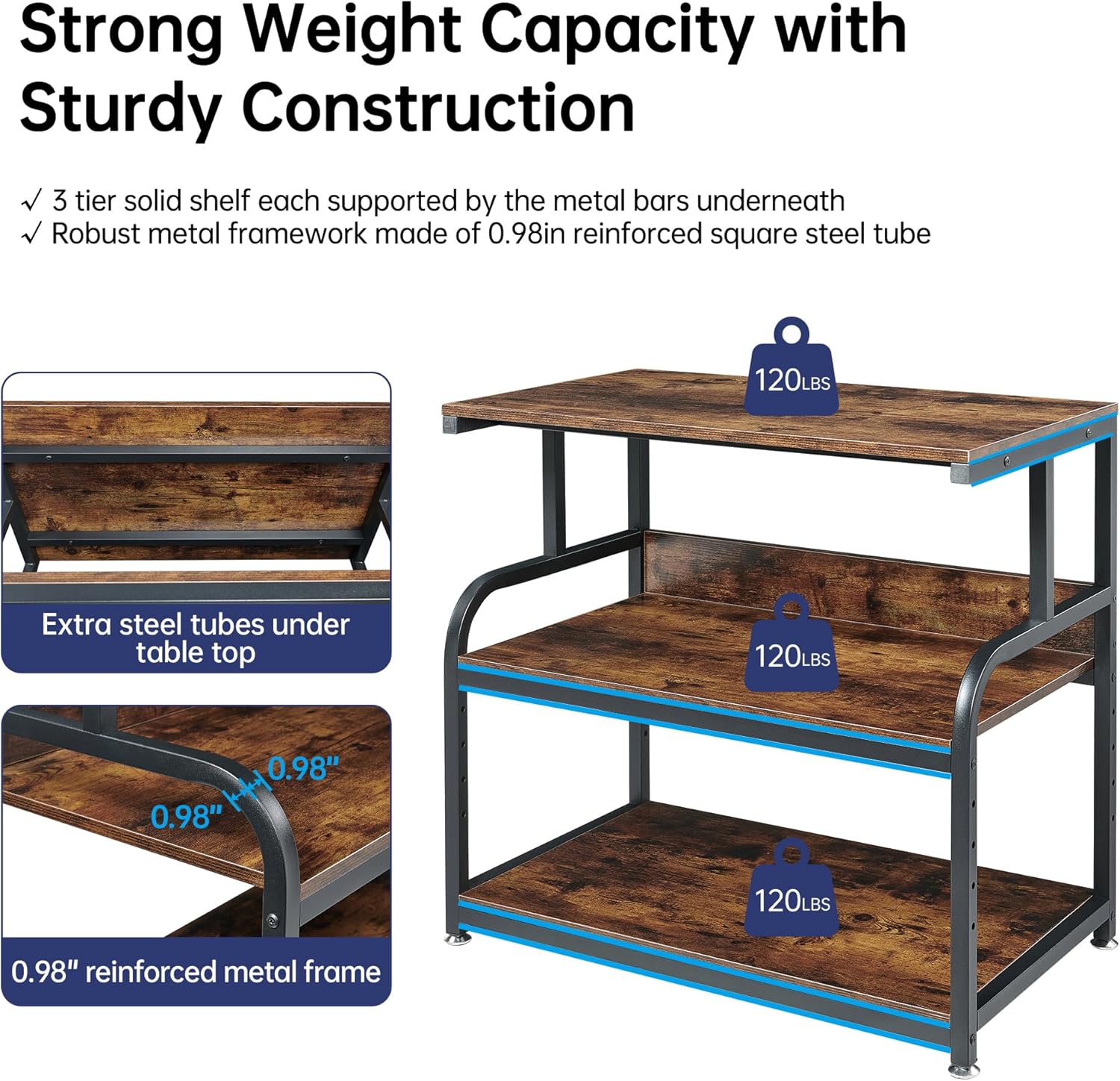 Fannova 32.3' Wide Extra Large Printer Stand, 3 Tier Printer Table with Adjustable Storage Shelf, Rolling Printer Cart with Industrial Wheels for Home Office, Rustic Brown
