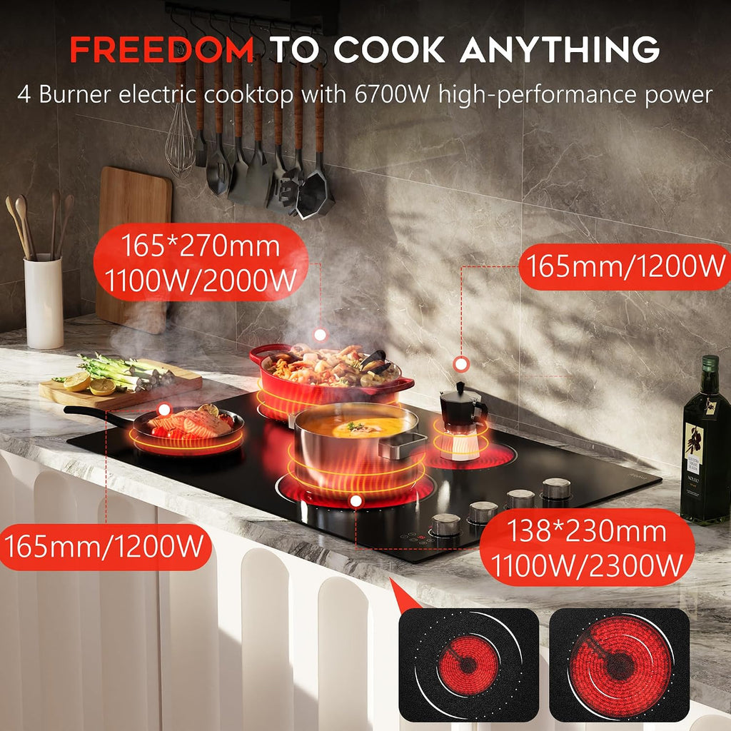 Electric Cooktop 30 Inch Hobsir, 4 Burner Electric Stove Top 6700W, Dual-Ring Burner & Oval Burner, 9 Power Level, 30 Inch Cook top with Safety Lock, Timer, Silver Knob