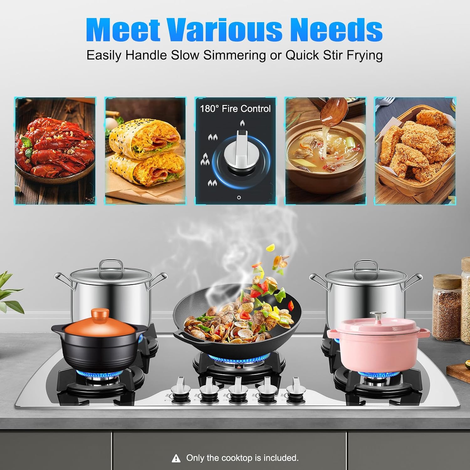 Gas Cooktop, 35''Tempered Glass Stovetop Cooker Built-In Gas Hob with 5 Burners NG/LPG Convertible Gas Cooktops for Kitchen, Home, Apartments, RVs (Style 2)