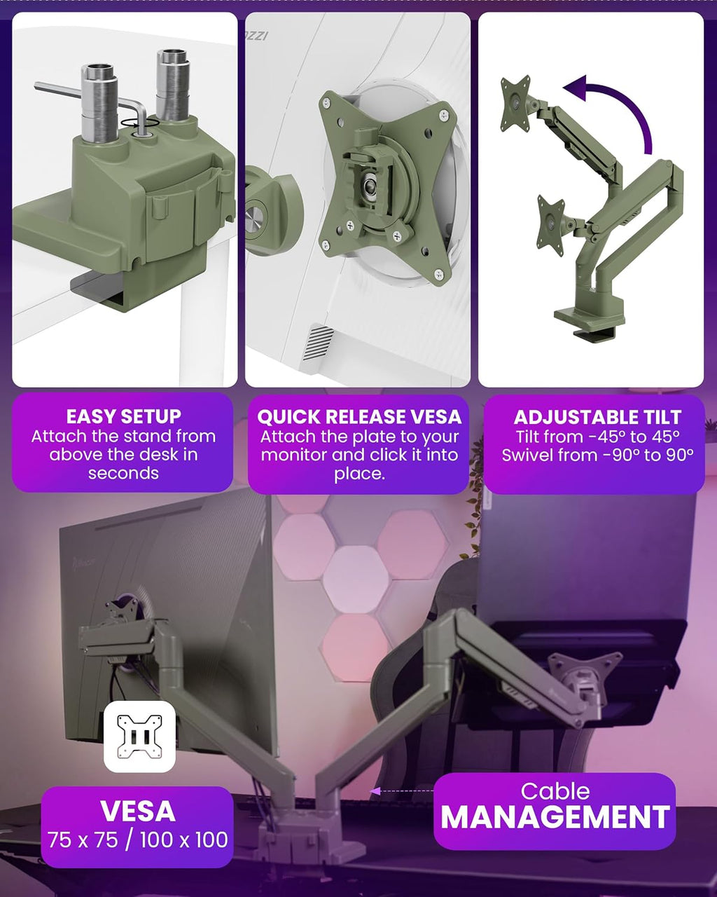 Arozzi Alzare Neo Duo Dual Gas Spring Monitor Arm - 2 Independent Arms, 17':34' Monitors, VESA 75/100, 360 Rotation, Up to 20 lbs Each, Cable Management, C-Clamp & Grommet Included - Forest Green