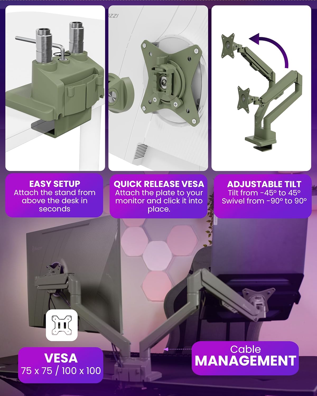 Arozzi Alzare Neo Duo Dual Gas Spring Monitor Arm - 2 Independent Arms, 17':34' Monitors, VESA 75/100, 360 Rotation, Up to 20 lbs Each, Cable Management, C-Clamp & Grommet Included - Forest Green