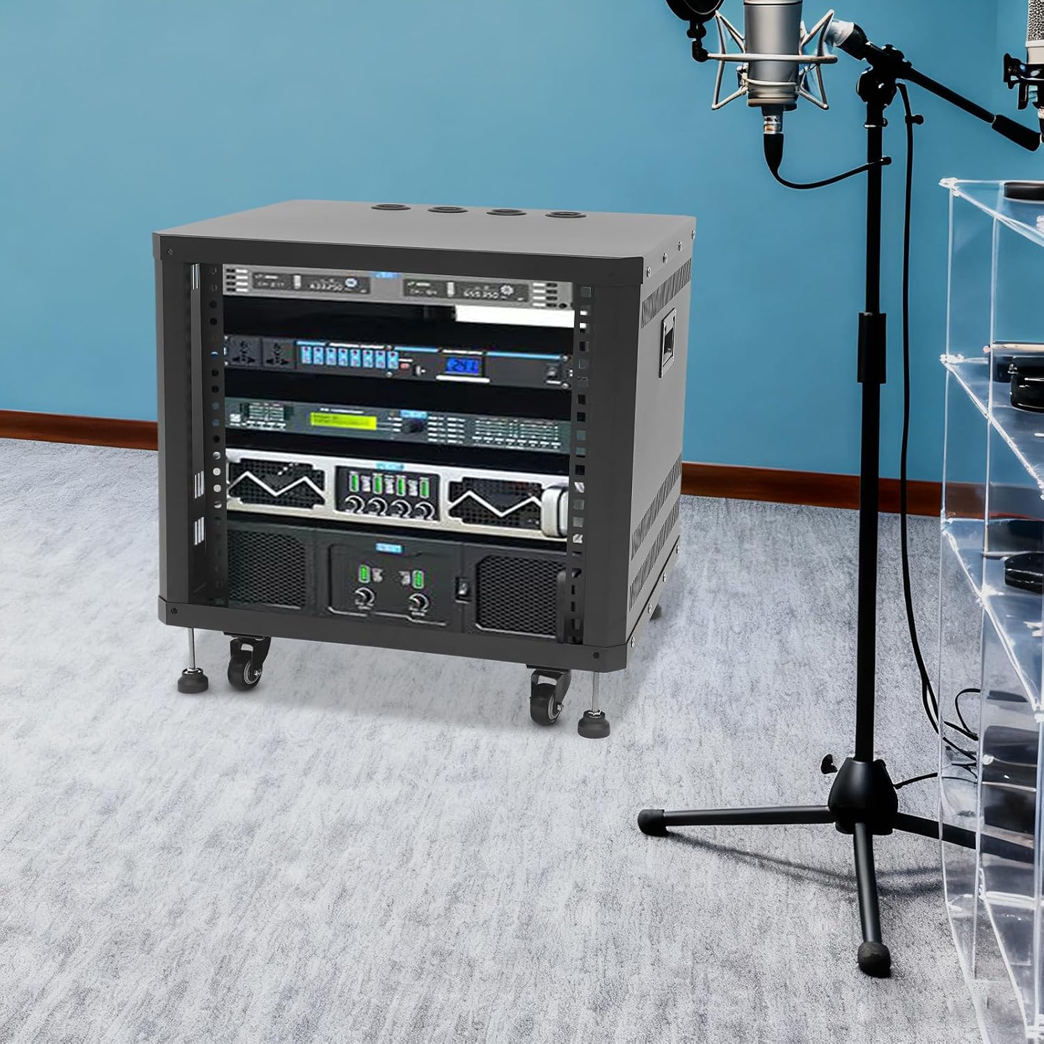 Undercat 9U Network & Audio Rack, Open Frame Audio Rack with Wheels & Feet, Rolling Network Server Cabinet with Lifting Handle, for Video Music Recording & It Equipment (Black)