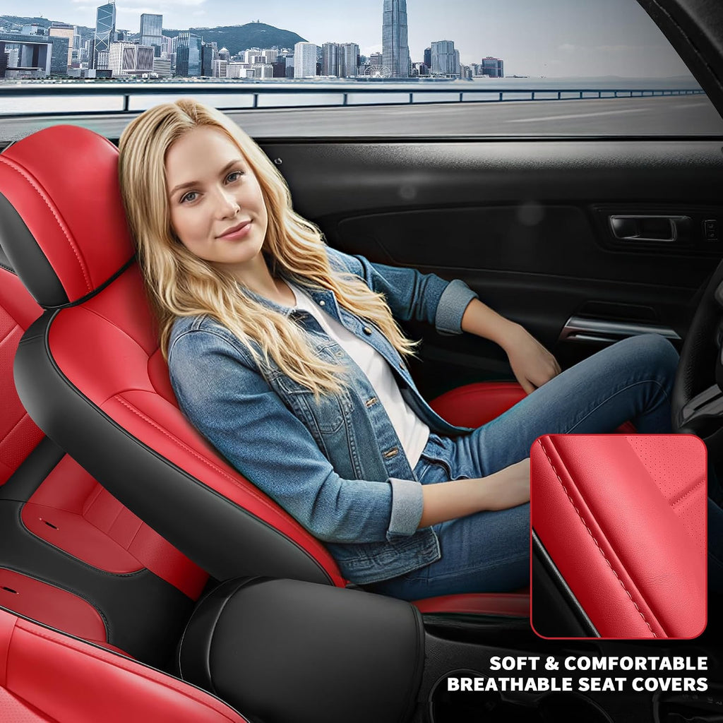 Custom Fit Ford Mustang Convertible Seat Cover 2015 2016 2017 2018 2019 2020 2021 2022 2023 2024 2025 2026, Faux Leather Car Seat Cover Full Set (Convertible-Red+Balck)