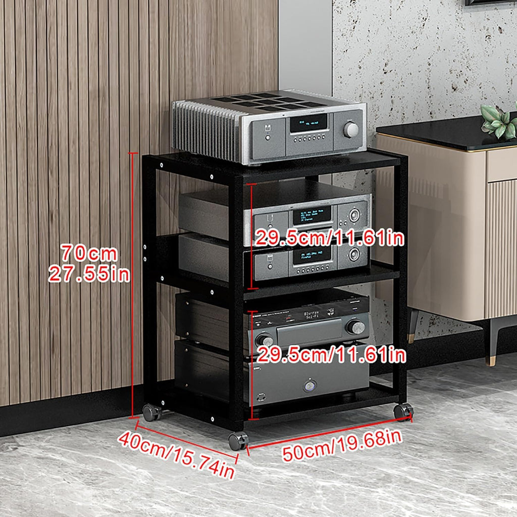Black Media Cabinet with Wheels, Audio Rack & Game Console Shelf, Corner Storage Tower for TV Accessories & Stereo Equipment, 50.3x40x70 cm - Stylish & Functional Storage Solution