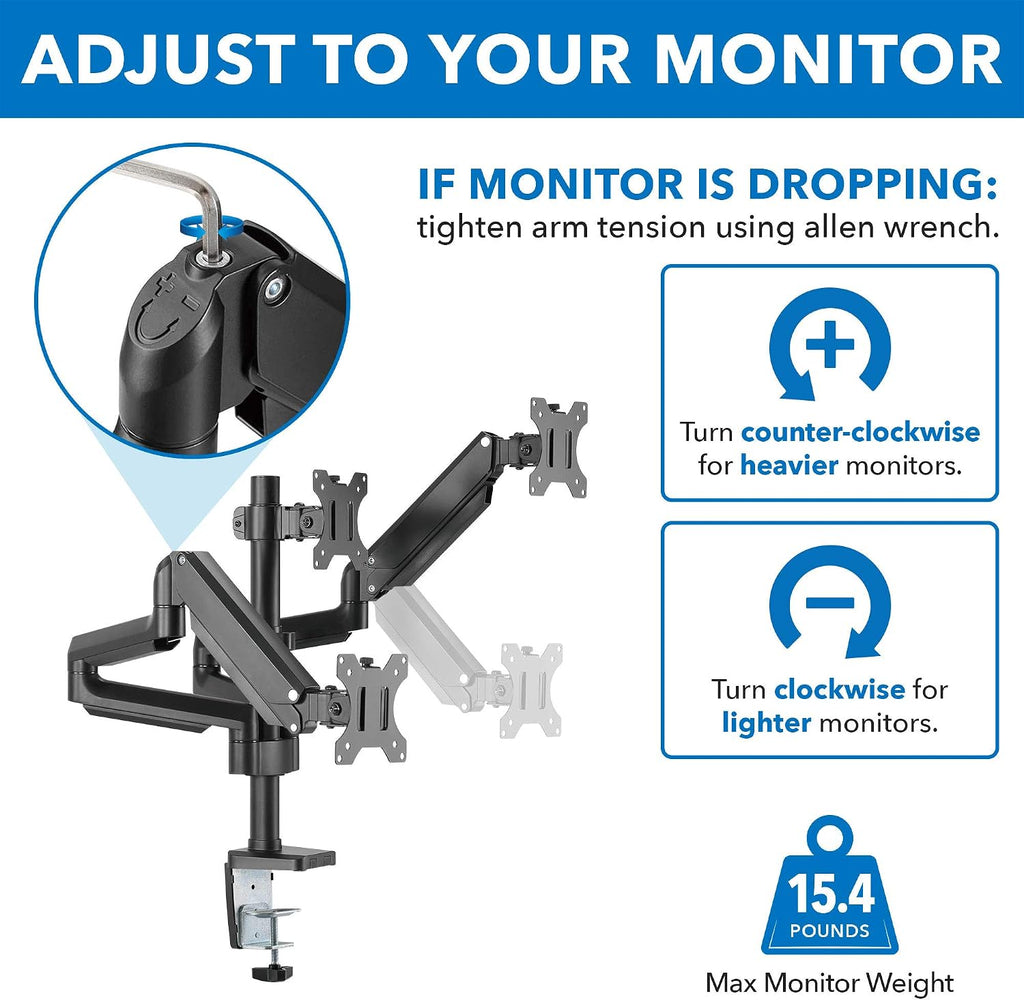 Mount-It! Triple Monitor Desk Mount with Full Motion Arms, 3 Monitor Riser with Gas Spring Arms for 27' Max Computer Screens, Sturdy Dual Clamp Base, Black