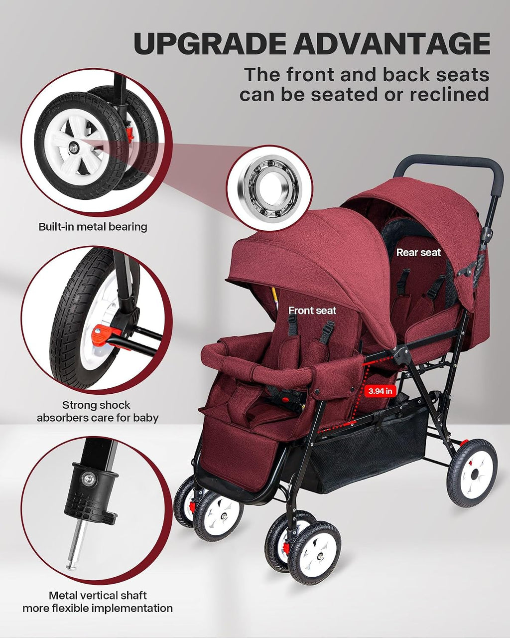 Double Stroller for Infant Toddler, Foldable Double Baby Stroller with Tandem Seating and Adjustable Backrest - Extra Gift Toys/Mosquito Net/Sleeping Mats/ 2 Cotton Pads/ 2 Hooks(Red)