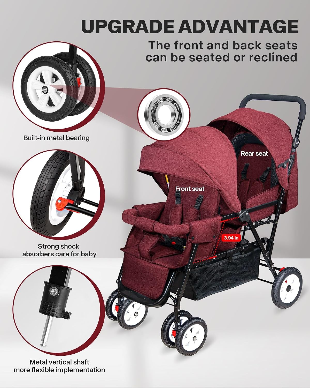 Double Stroller for Infant Toddler, Foldable Double Baby Stroller with Tandem Seating and Adjustable Backrest - Extra Gift Toys/Mosquito Net/Sleeping Mats/ 2 Cotton Pads/ 2 Hooks(Red)