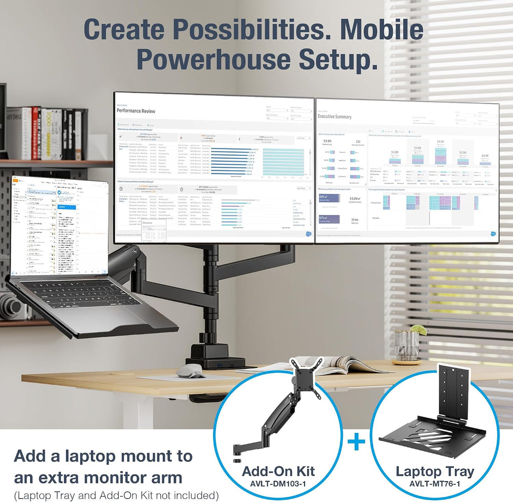 AVLT Dual 57 Inch Heavy Duty Stacking Monitor Arm Pole Top Mount with USB-C&A Ports-Black, Height Adjustable, Easy Install Top C-Clamp/Grommet w/Reinforcement Plates, VESA Compatible 200/100/75