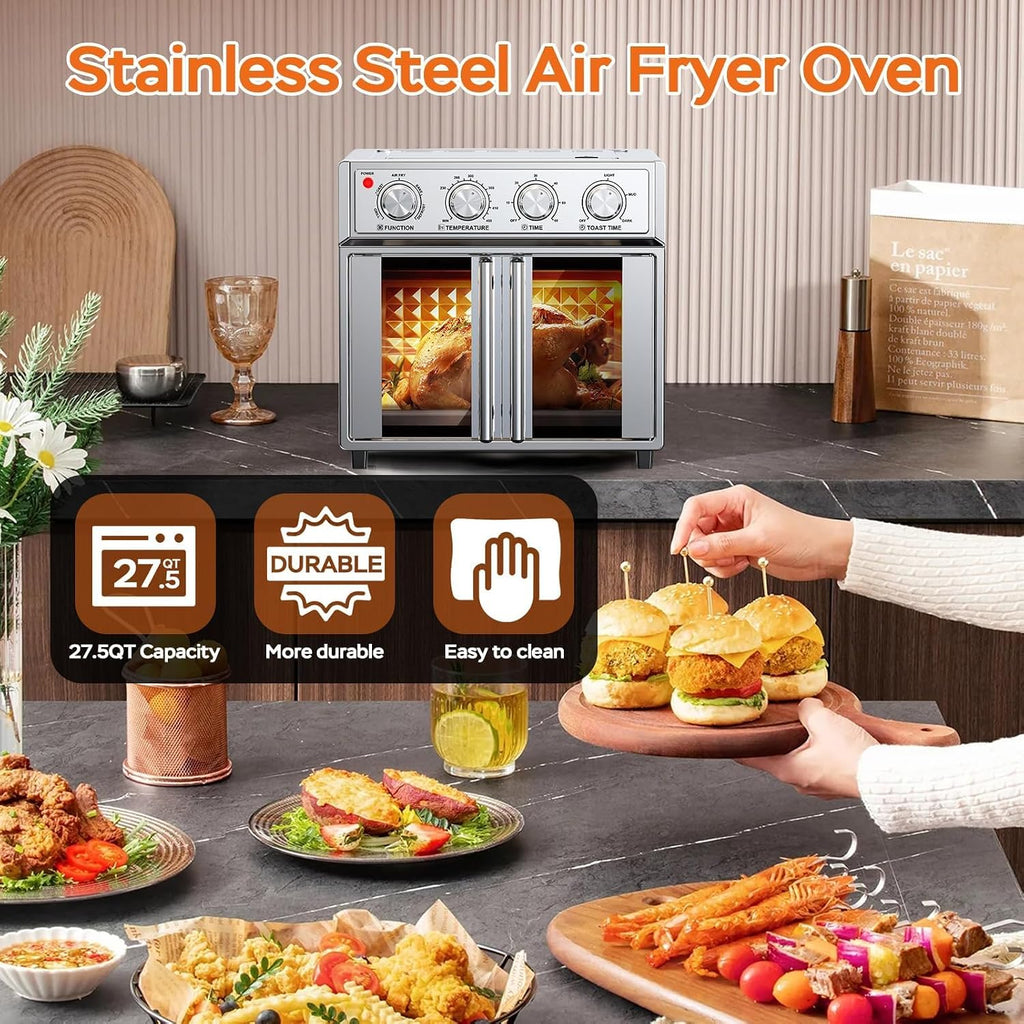 PlumChef 27.5 Quart Extra Large 6 Slices Air Fryer Convection Toaster Oven, French Door, 1700W, Multifunction Oven for Air Fryer, Toast, Grill, Defrost, Bake (Stainless Steel)