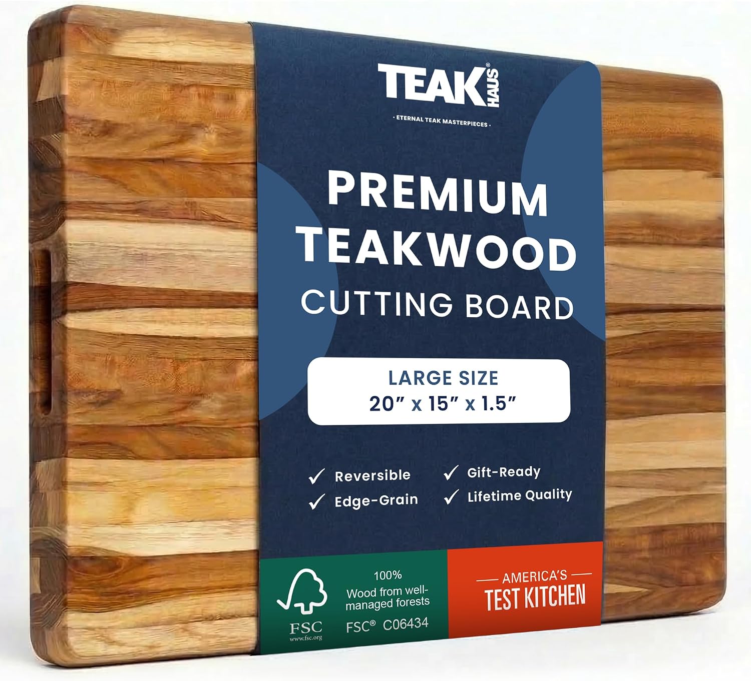 Teakhaus Cutting Board - Large (L) Teak Wood Cutting Board 20'L x 15'W x 1.5' Thick - Professional-Grade Reversible Edge Grain Wood - Knife Friendly - FSC Certified