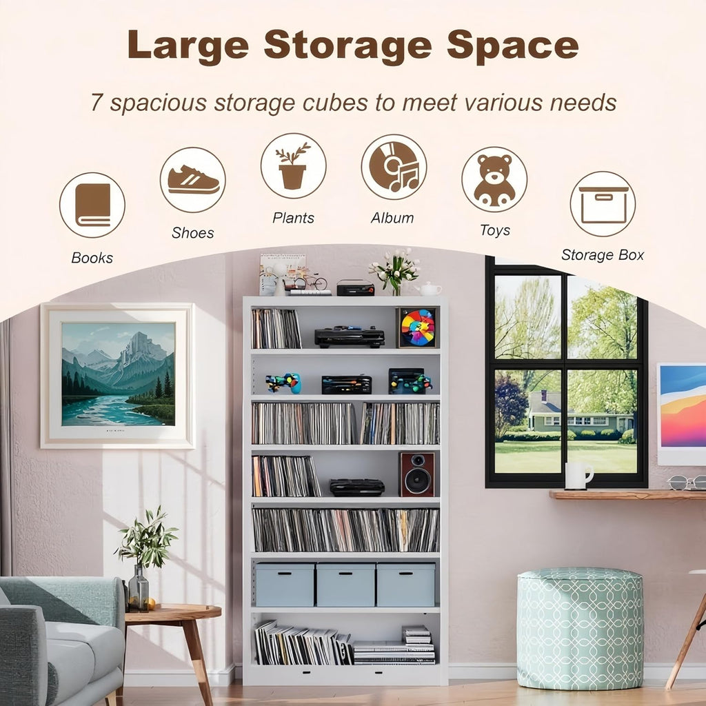 55' Media Storage Cabinet, Metal CD Storage Rack with 6 Adjustable Shelves, 7-Tier Large Stereo Cabinet for Living Room, Home Entertainment (White)