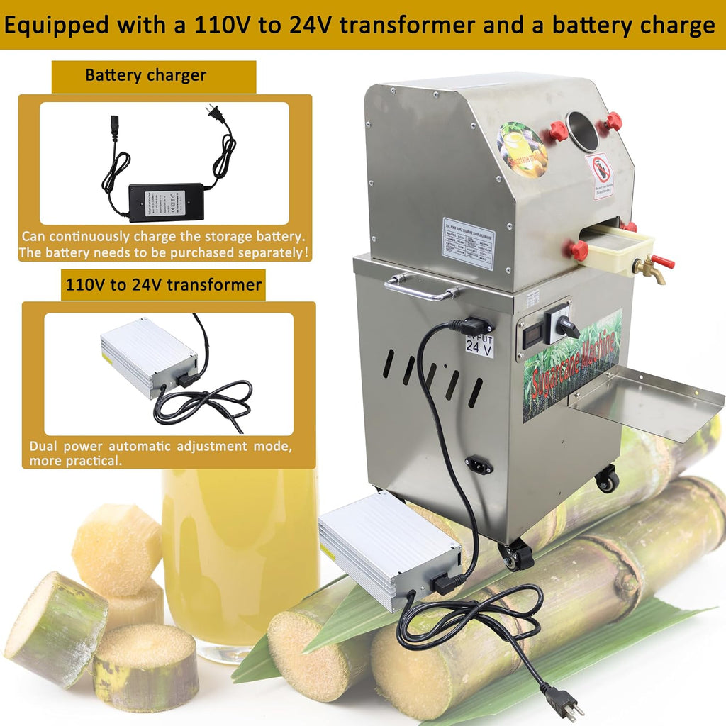 TECHTONGDA 24V DC or 110V AC Electric Sugar Cane Juicer Press Machine, Vertical Sugarcane Press, Stainless Steel Rollers Sugarcane Juice Extractor with Transformer and Wheels for Commercial Juicing