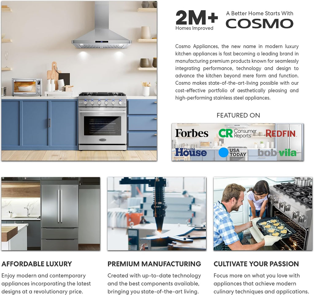 COSMO 850SLTX-E 30 in. Gas Cooktop with 5 Burners, Counter-Top Cooker with Cast Iron Grate Stove-Top, Melt-Proof Metal Knobs in Stainless Steel
