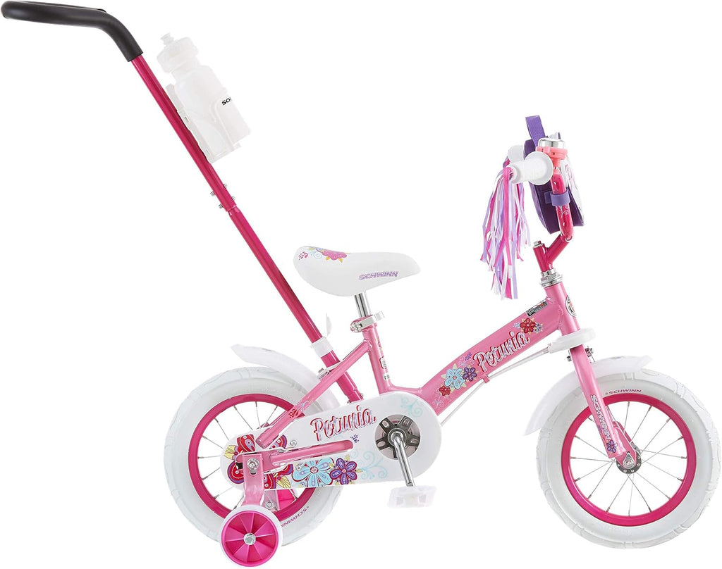 Schwinn Petunia and Grit Bike, Bike for Kids Ages 2-4, Steerable Beginner Bicycle with Training Wheels, Parent Push Handle, Rear Coaster Brake, Adjustable Seat