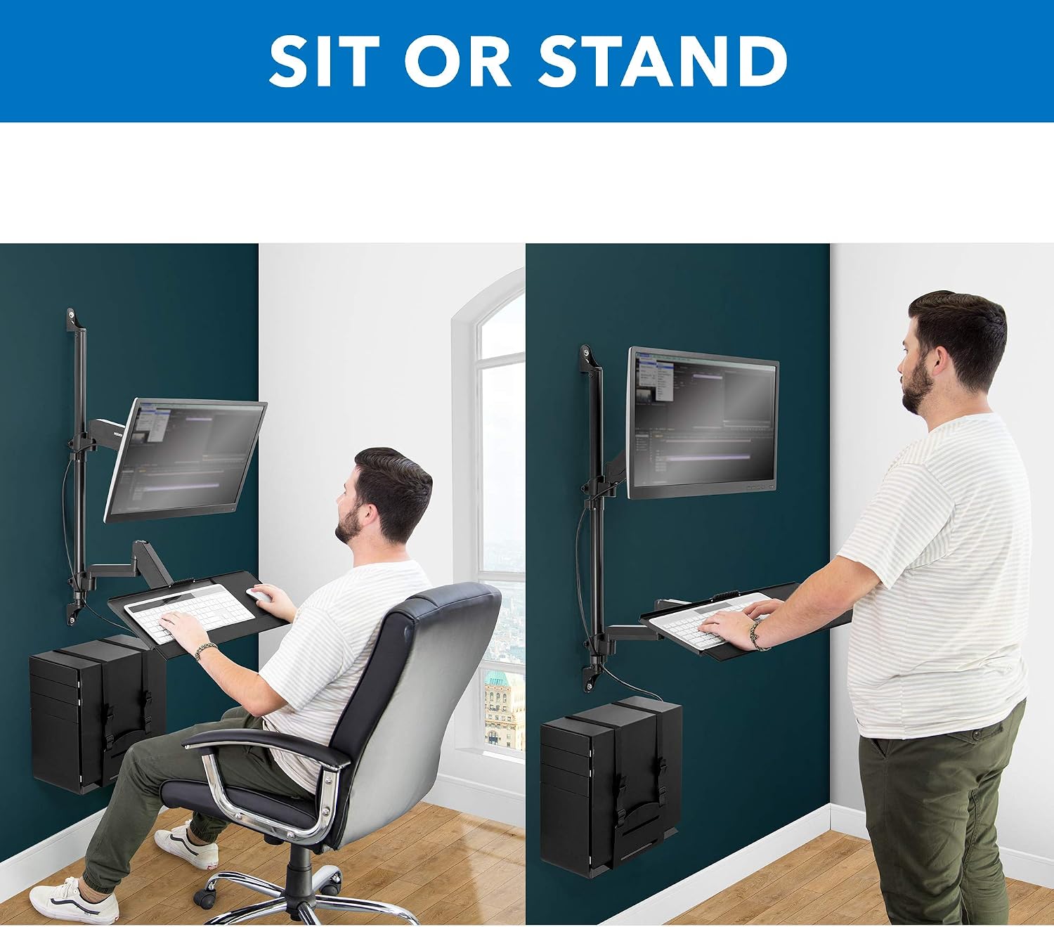 Mount-It! Single Monitor Arm Wall Mount Workstation with Keyboard Tray & CPU Holder, Height Adjustable Gas Spring Full Motion Computer Station, Fits 17–32' VESA 75x75 100x100, Black