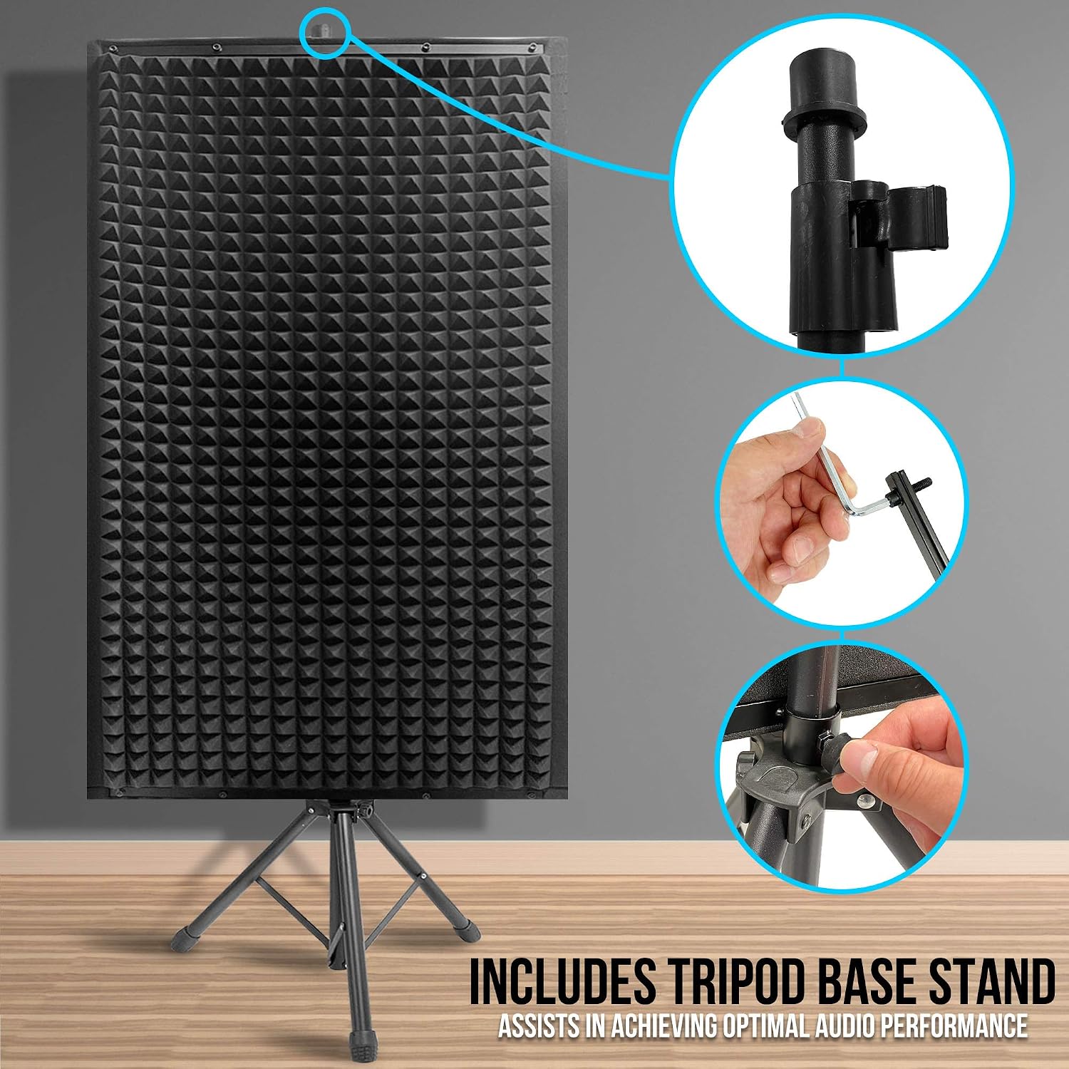 Pyle Acoustic Isolation Absorber Shield Sound Wall Panel Studio Foam and Dampening Wedge with Height Adjustable Stand, Black