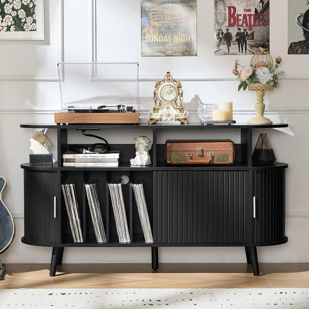 LELELINKY Large Round Record Player Stand with Charging Station & Fluted Panel, Black Farmhouse Turntable Cabinet with Vintage Vinyl Storage, Arched Wood Record Player Table for Living Room