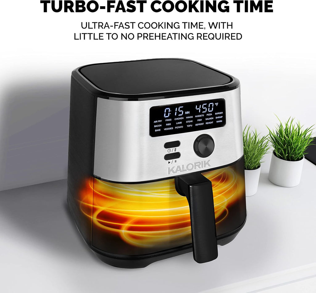 Kalorik MAXX® Digital 4-Quart 7-in-1 Air Fryer, LED Display, 21 Smart Presets, 4 Accessories, Recipe Book, 1600W, Stainless Steel, FT 50929 OW