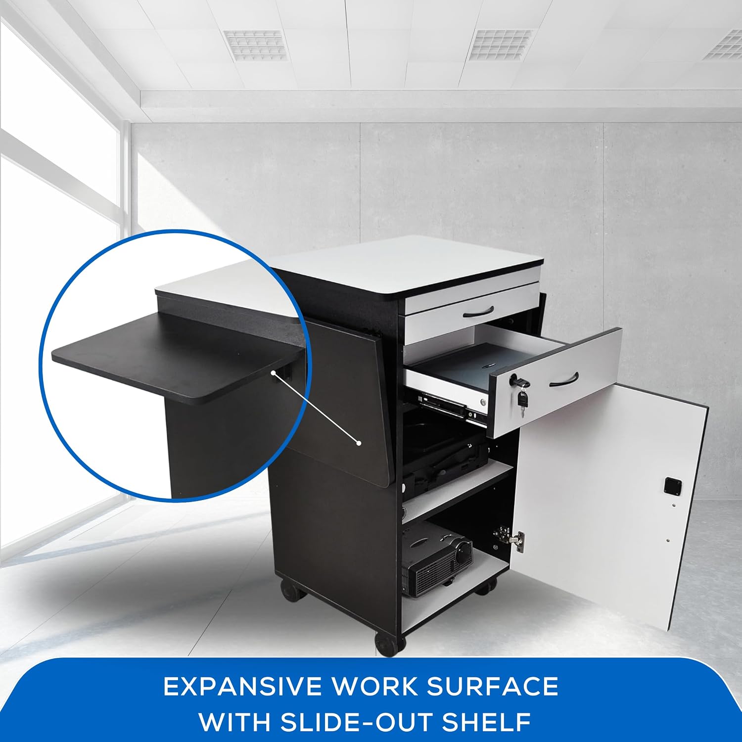 FSE 373-WPSDD3 38' Mobile AV Presentation Station Cart with Locking Cabinet