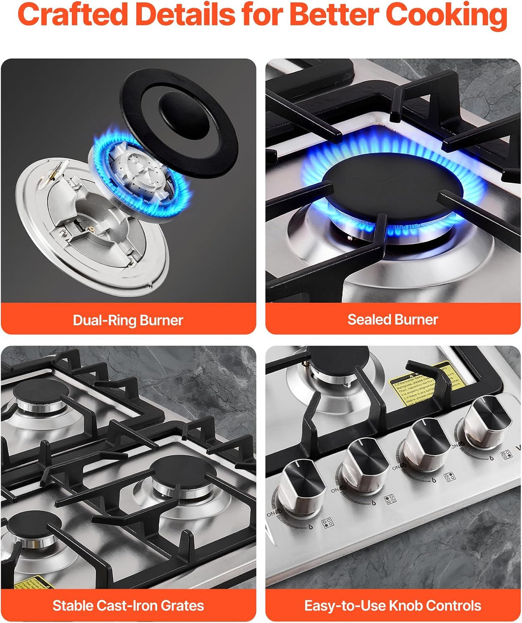 VEVOR 24 inch Gas Cooktop 4 Burners Gas Stove Top, Max 27000BTU Built-in Stainless Steel Stove Top LPG/NG Convertible Dual Fuel Cooktop Stoves with Thermocouple Protection for Kitchen Apartment Rvs