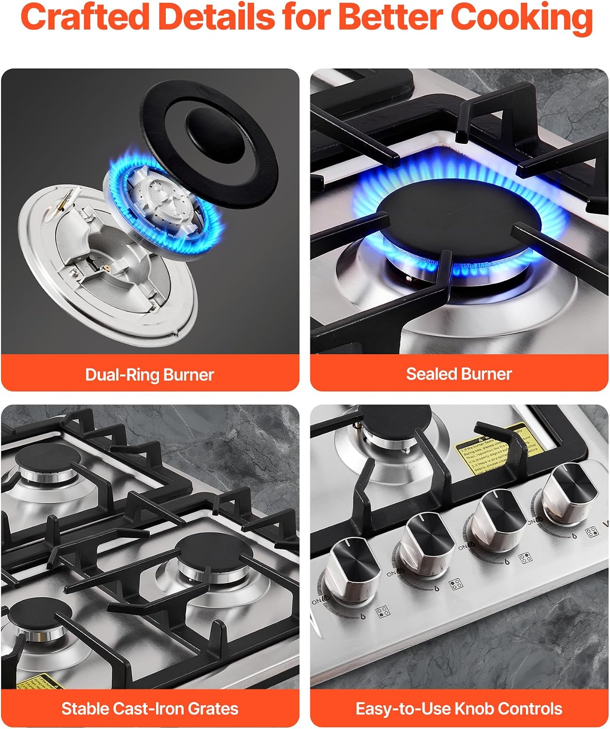 VEVOR 24 inch Gas Cooktop 4 Burners Gas Stove Top, Max 27000BTU Built-in Stainless Steel Stove Top LPG/NG Convertible Dual Fuel Cooktop Stoves with Thermocouple Protection for Kitchen Apartment Rvs