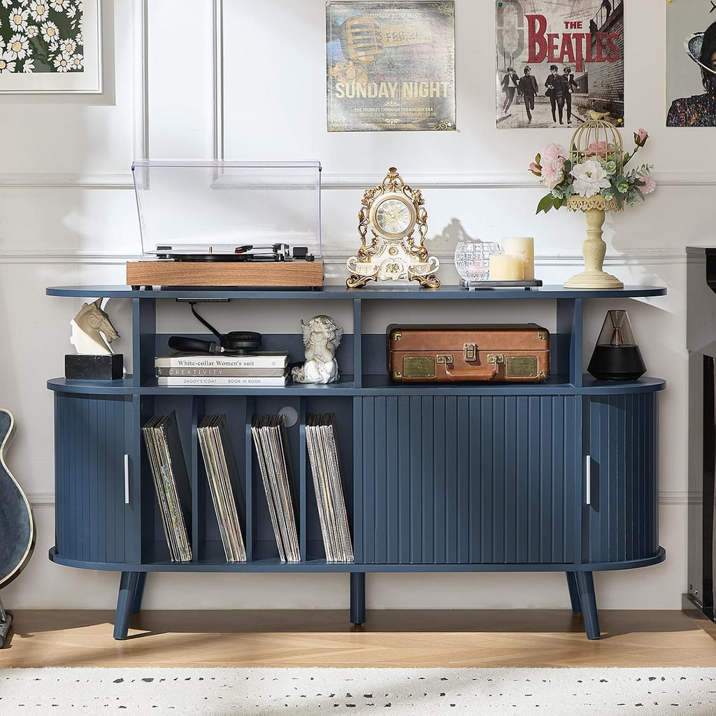 LELELINKY Large Round Record Player Stand with Charging Station & Fluted Panel, Blue Mid Century Modern Turntable Cabinet with Vinyl Storage, Arched Wood Record Player Table for Living Room
