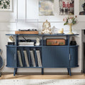 LELELINKY Large Round Record Player Stand with Charging Station & Fluted Panel, Blue Mid Century Modern Turntable Cabinet with Vinyl Storage, Arched Wood Record Player Table for Living Room