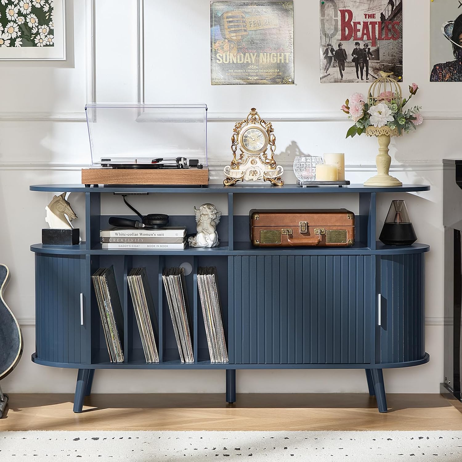 LELELINKY Large Round Record Player Stand with Charging Station & Fluted Panel, Blue Mid Century Modern Turntable Cabinet with Vinyl Storage, Arched Wood Record Player Table for Living Room