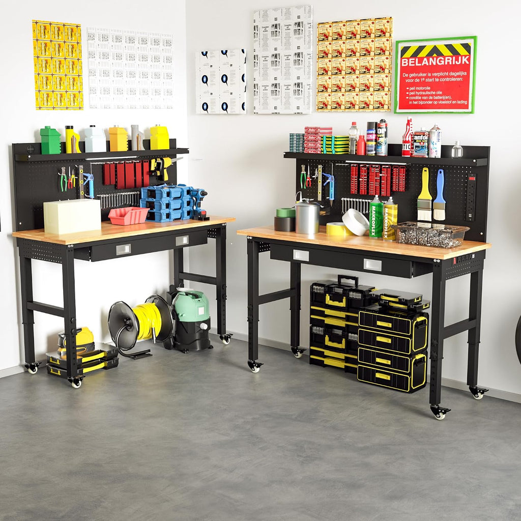 Betterhood 60' Heavy Duty Adjustable Workbench with Large Pegboard & LED Light, Adjustable Work Table with Power Outlets & Lockable Wheels, Rubber Wood Workstation for Garage, Workshop, Office, Home