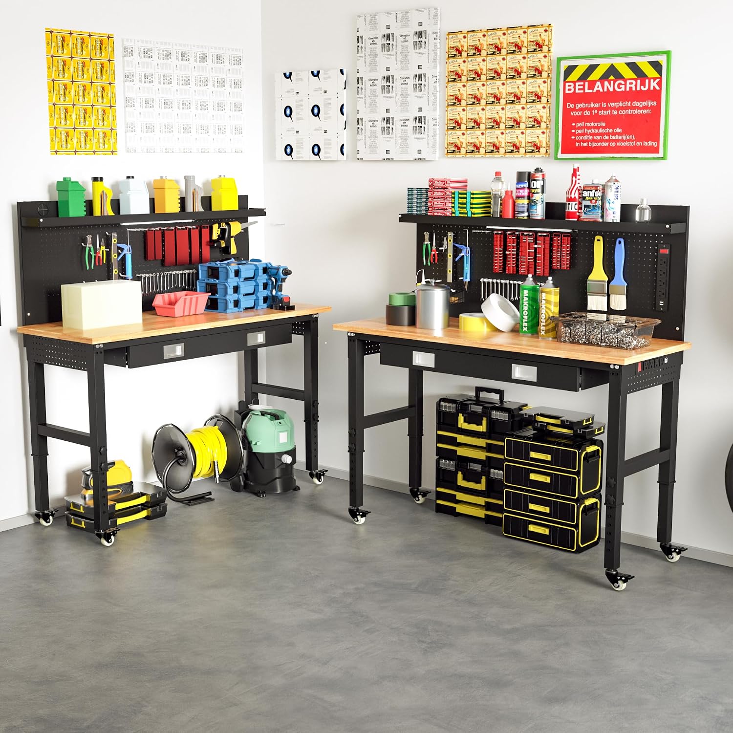 Betterhood 60' Heavy Duty Adjustable Workbench with Large Pegboard & LED Light, Adjustable Work Table with Power Outlets & Lockable Wheels, Rubber Wood Workstation for Garage, Workshop, Office, Home