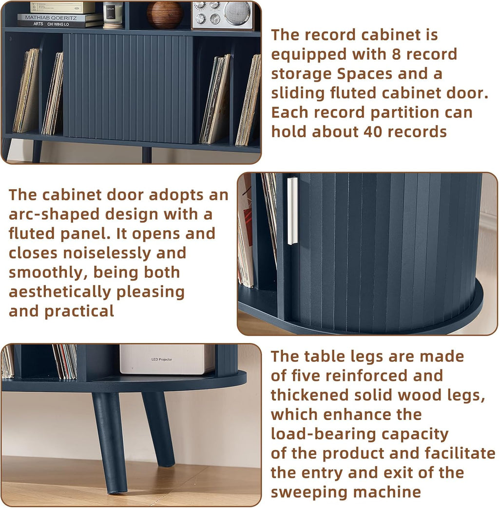 LELELINKY Large Round Record Player Stand with Charging Station & Fluted Panel, Blue Mid Century Modern Turntable Cabinet with Vinyl Storage, Arched Wood Record Player Table for Living Room