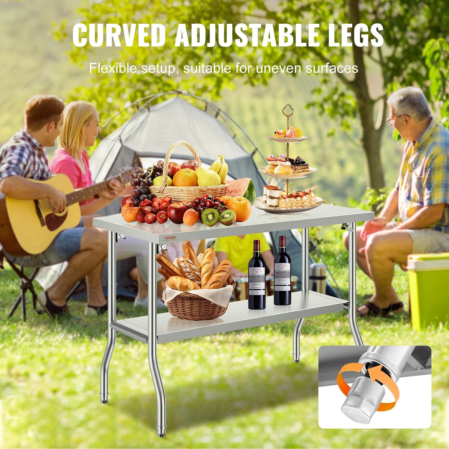 VEVOR Stainless Steel Foldable Work Table, 48 * 24 Inch Heavy Duty Food Outdoor Double Layer Stainless Steel Worktable for Commercial Kitchen Restaurant