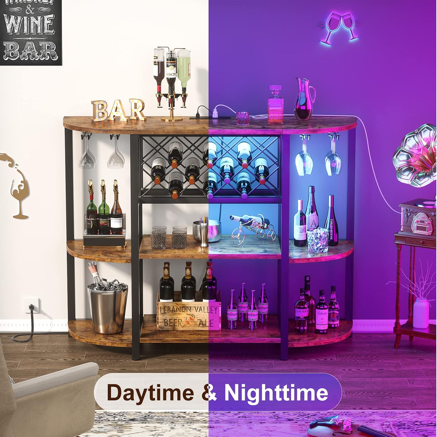 Unikito Wine Rack Table with Socket and LED Light, Floor Bar Cabinet for Liquor and Glasses, Wood Coffee Bar Table with Adjustable Wine Rack, FreeStanding Sideboard and Buffet Cabinet, Rustic
