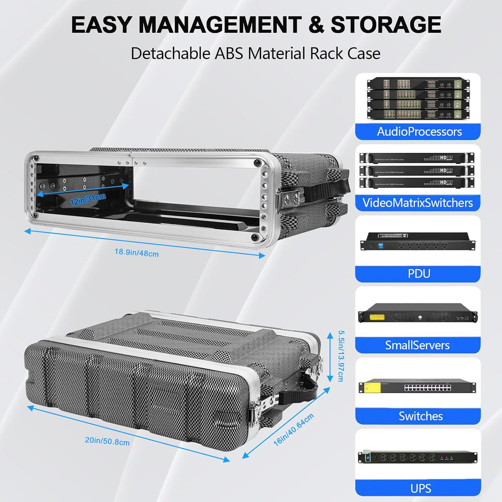 2U ABS Rack Case Shallow 12' Depth, 19' Rackmount Flight Road Travel Case, Waterproof Protective Hard Case with Customized Foam, Wireless Mic System Storage/Amp/Effect/DJ Mixer