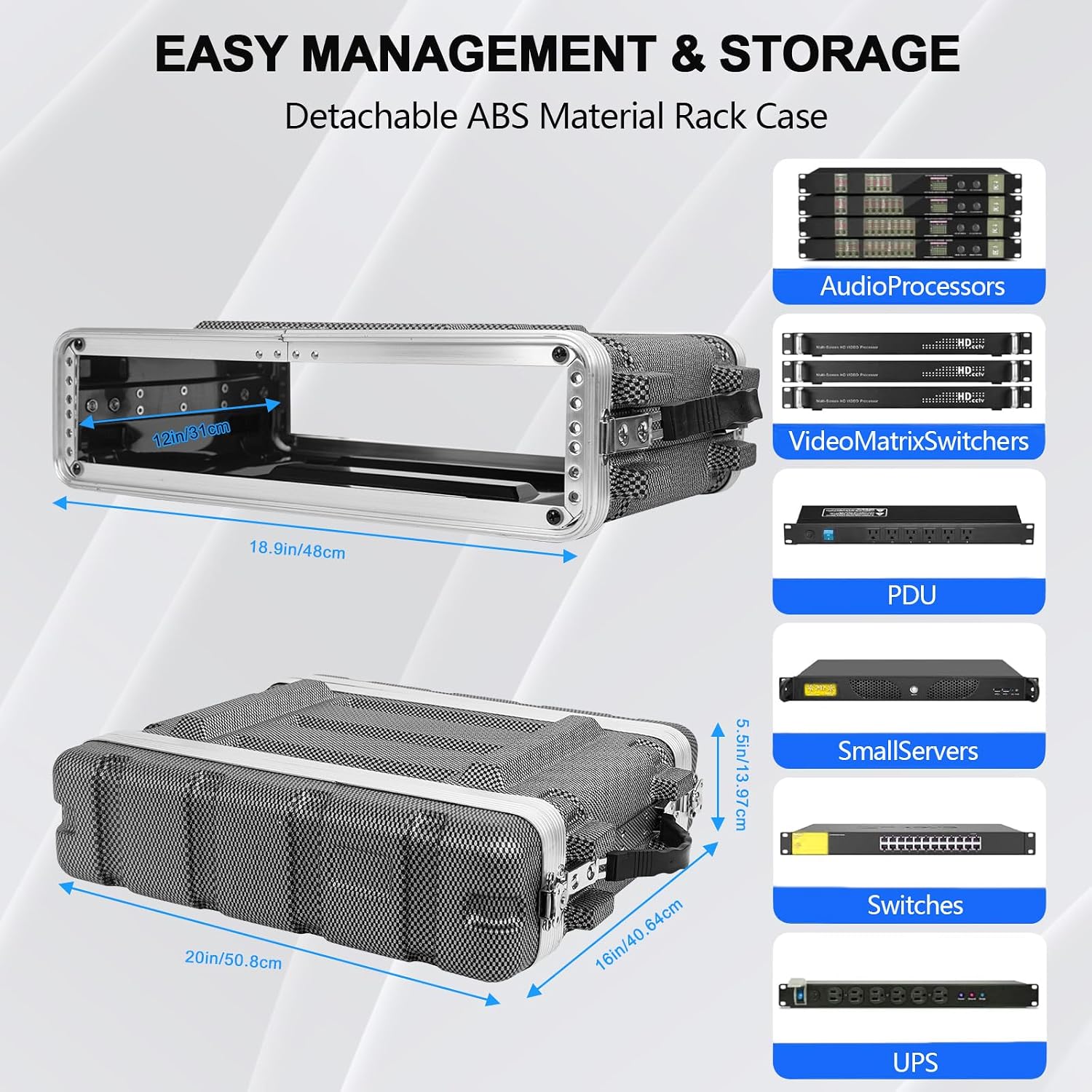 2U ABS Rack Case Shallow 12' Depth, 19' Rackmount Flight Road Travel Case, Waterproof Protective Hard Case with Customized Foam, Wireless Mic System Storage/Amp/Effect/DJ Mixer