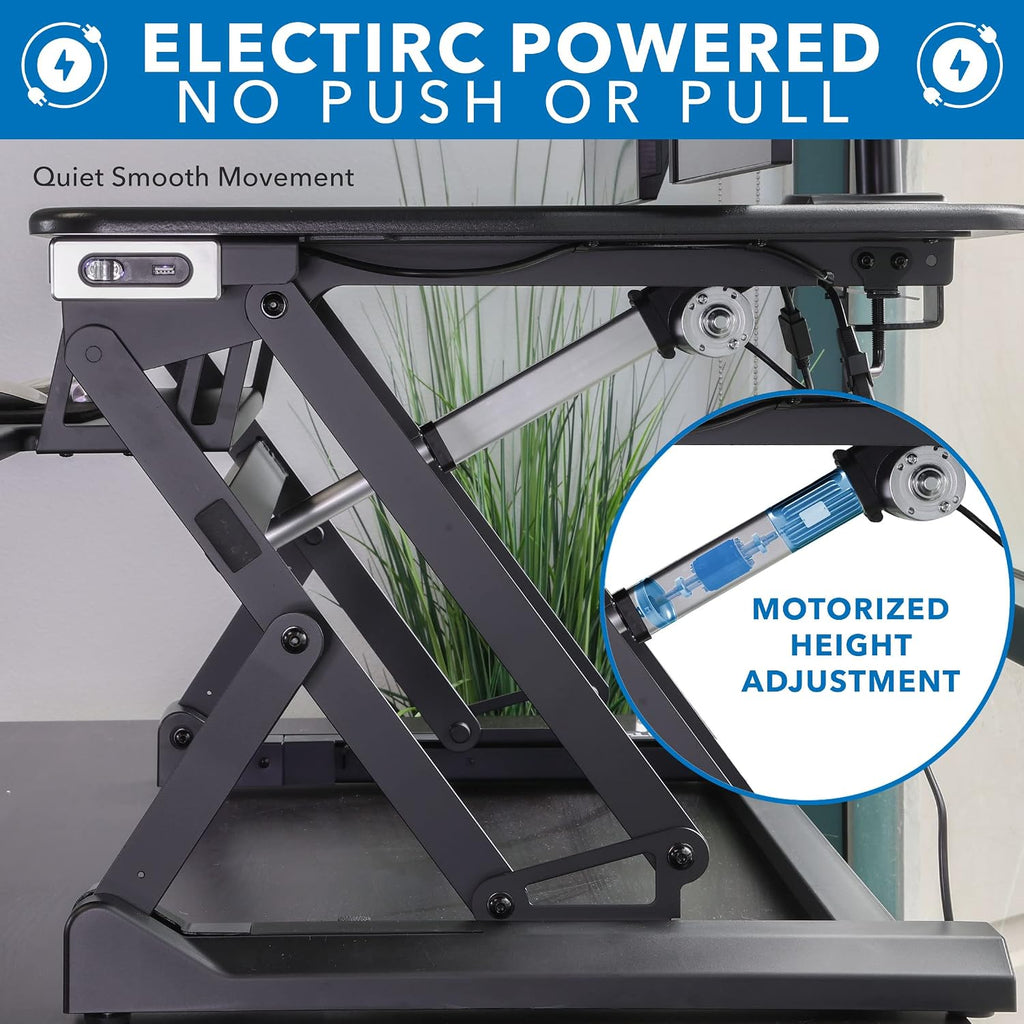 Mount-It! Electric Standing Desk Converter with Dual Monitor Arms for 2 Screens (Max 32'), Large 35.4' Wide Desktop, Motorized Stand Up Desk Riser, Keyboard Tray, USB, Black Stand up Desk Convertor