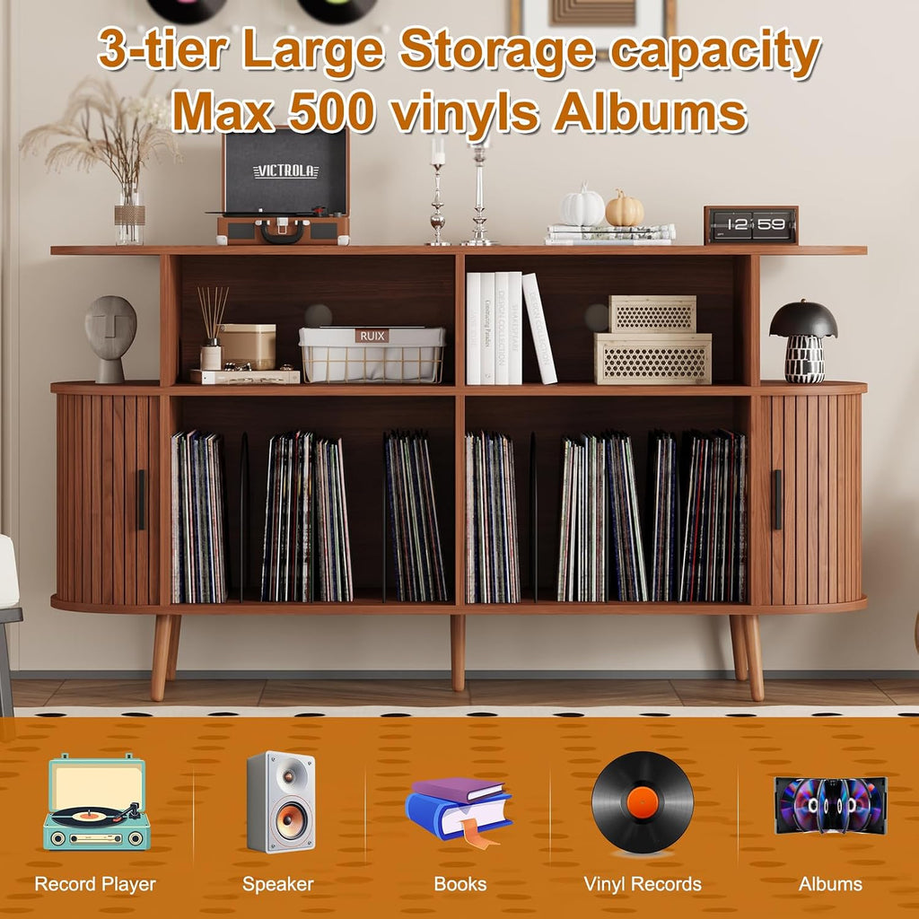 55.1' Wide Record Player Stand with Storage - Vinyl Record Storage Cabinet & Media Console Holds 300+ Records, Mid Century Modern Turntable Stand for Living Room (Walnut, 55.1')
