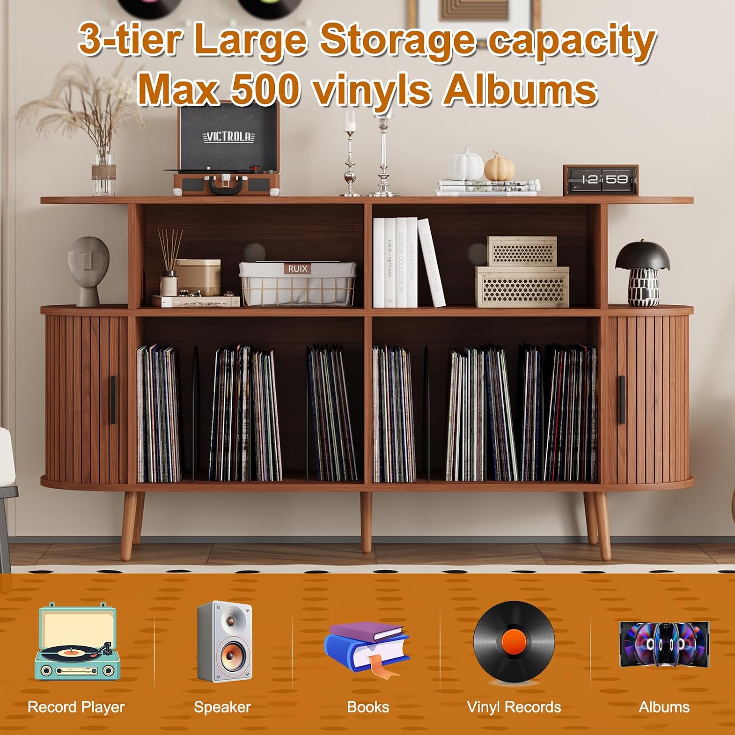 55.1' Wide Record Player Stand with Storage - Vinyl Record Storage Cabinet & Media Console Holds 300+ Records, Mid Century Modern Turntable Stand for Living Room (Walnut, 55.1')