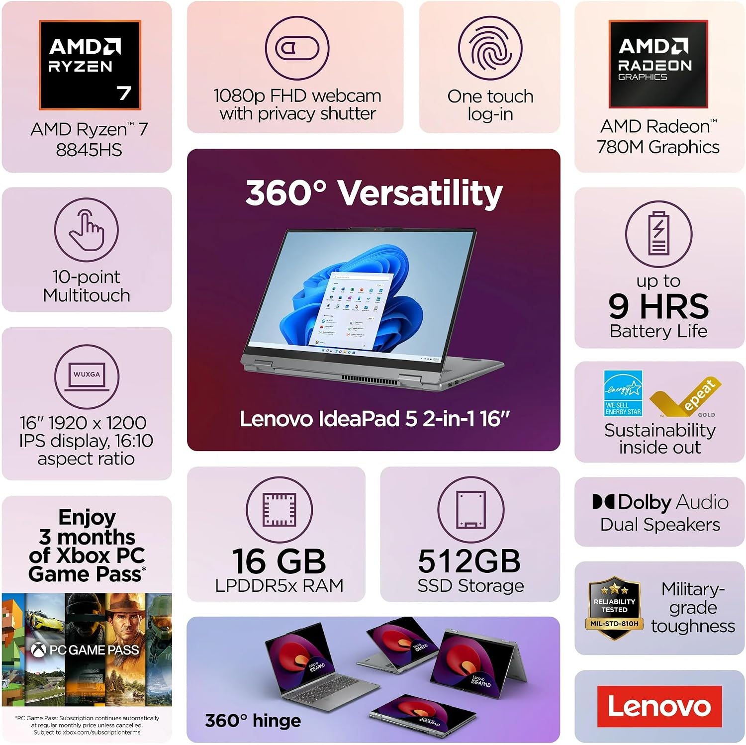 Lenovo IdeaPad 5 2-in-1 Laptop, 16' WUXGA Touchscreen, AMD Ryzen 7 8845HS, 16GB RAM, 512GB SSD, AMD Radeon Graphics, Backlit KB, Wi-Fi6, FP Reader, Win11, Luna Grey, w/2TB USB Drive, W/GaLiMu