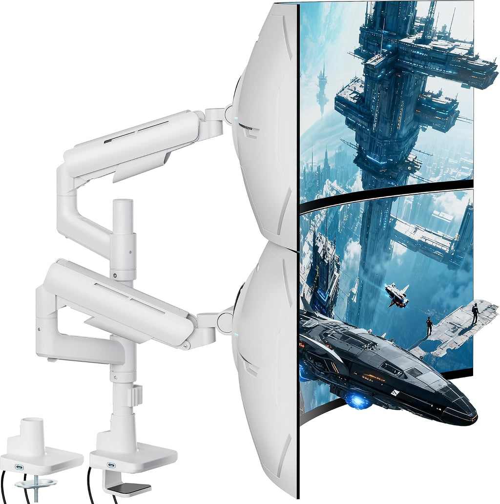 ARES WING Dual Monitor Mount for 17-49 Inch Ultrawide Heavy Duty Curved Screen Stacking, Computer Monitor Arm Desk Mount with USB, Gas Spring Adjustable Vesa Stand, White