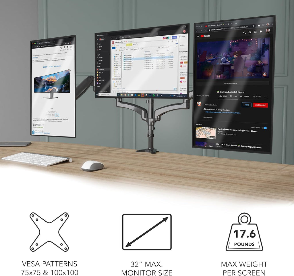 Mount-It! Triple Monitor Mount Desk Stand, 3 Monitor Desk Mount with Gas Spring Arms, Fits 13–32 Inch Screens up to 17.6 lbs per Arm, VESA 75x75 & 100x100, Clamp-On Installation, Black