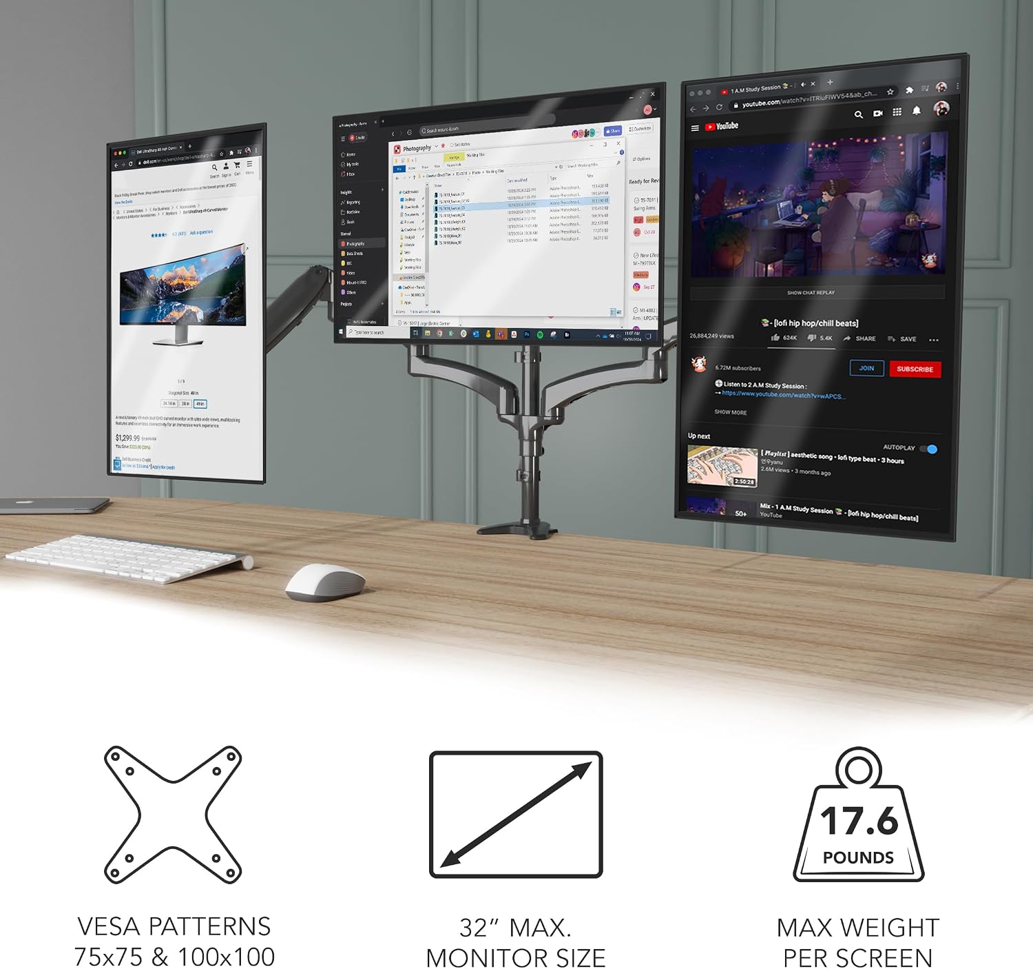 Mount-It! Triple Monitor Mount Desk Stand, 3 Monitor Desk Mount with Gas Spring Arms, Fits 13–32 Inch Screens up to 17.6 lbs per Arm, VESA 75x75 & 100x100, Clamp-On Installation, Black