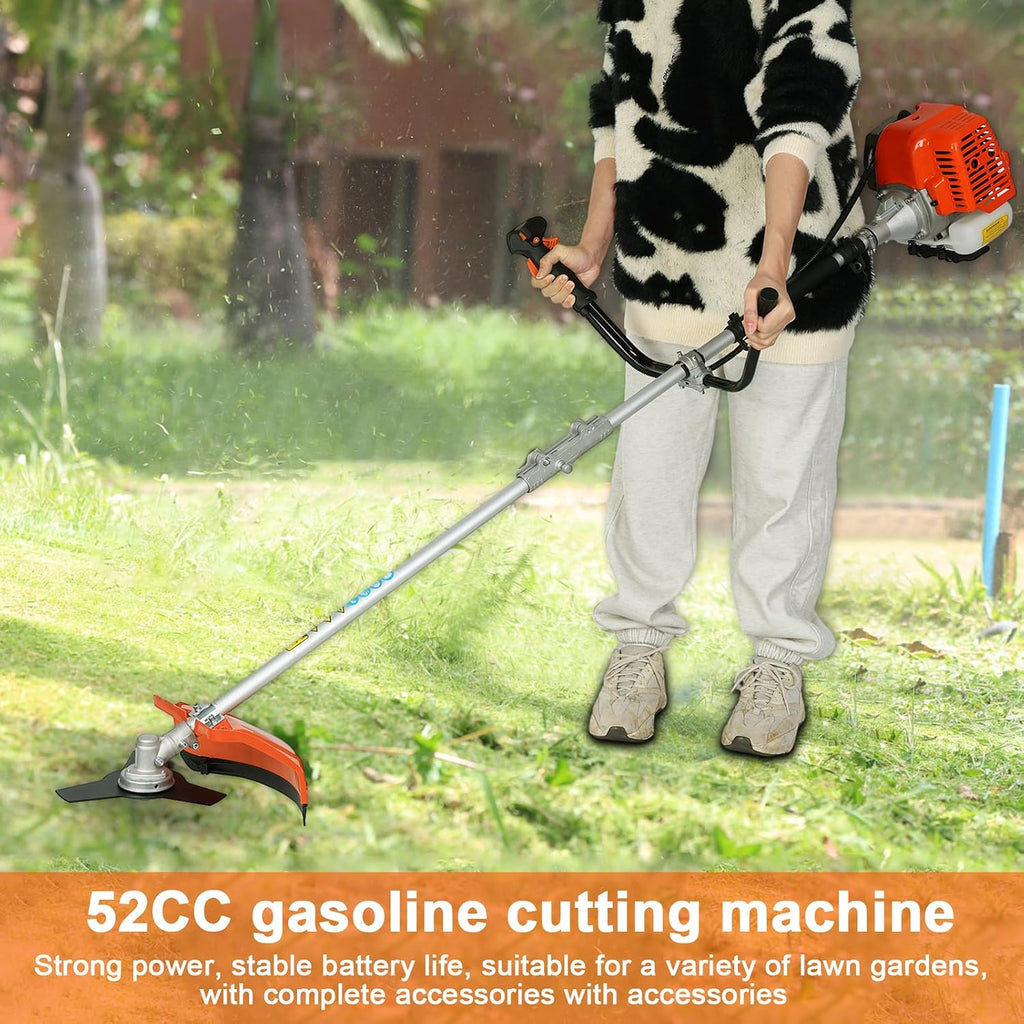 Lawn Mower, Gas String Trimmer, 52cc Weed Wacker Gas Powered, 2 in 1 Cordless Hedge Trimmer, 2-Stroke Brush Cutter, Handheld Weed Eater, Plastic Handle & Shoulder Strap Included (Orange)