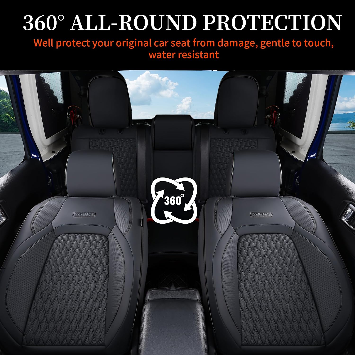 Coverado Seat Covers for Jeep Wrangler, 4 Door Leather Custom Car Seat Covers, Front & Rear Seat Cushion Protector Fit for Jeep Wrangler JL Seat Covers 4-Door Sahara Sport Rubicon 2018-2026 (Black)