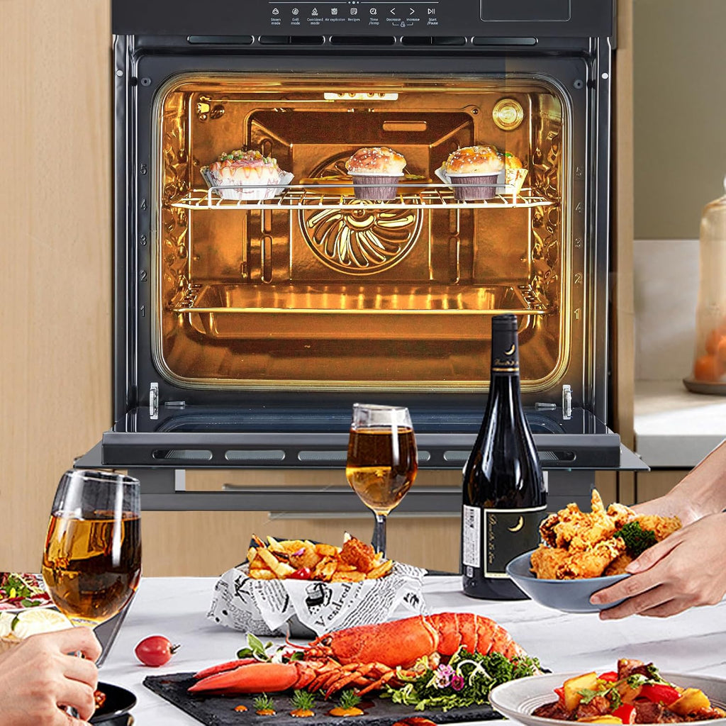 24 Inch Stainless Steel Toaster Oven and Black Air Fryer Combo: 70L Capacity, 3D Heating with Steam, Touch Control, Multi-Function Modes for Countertop Built-in Use