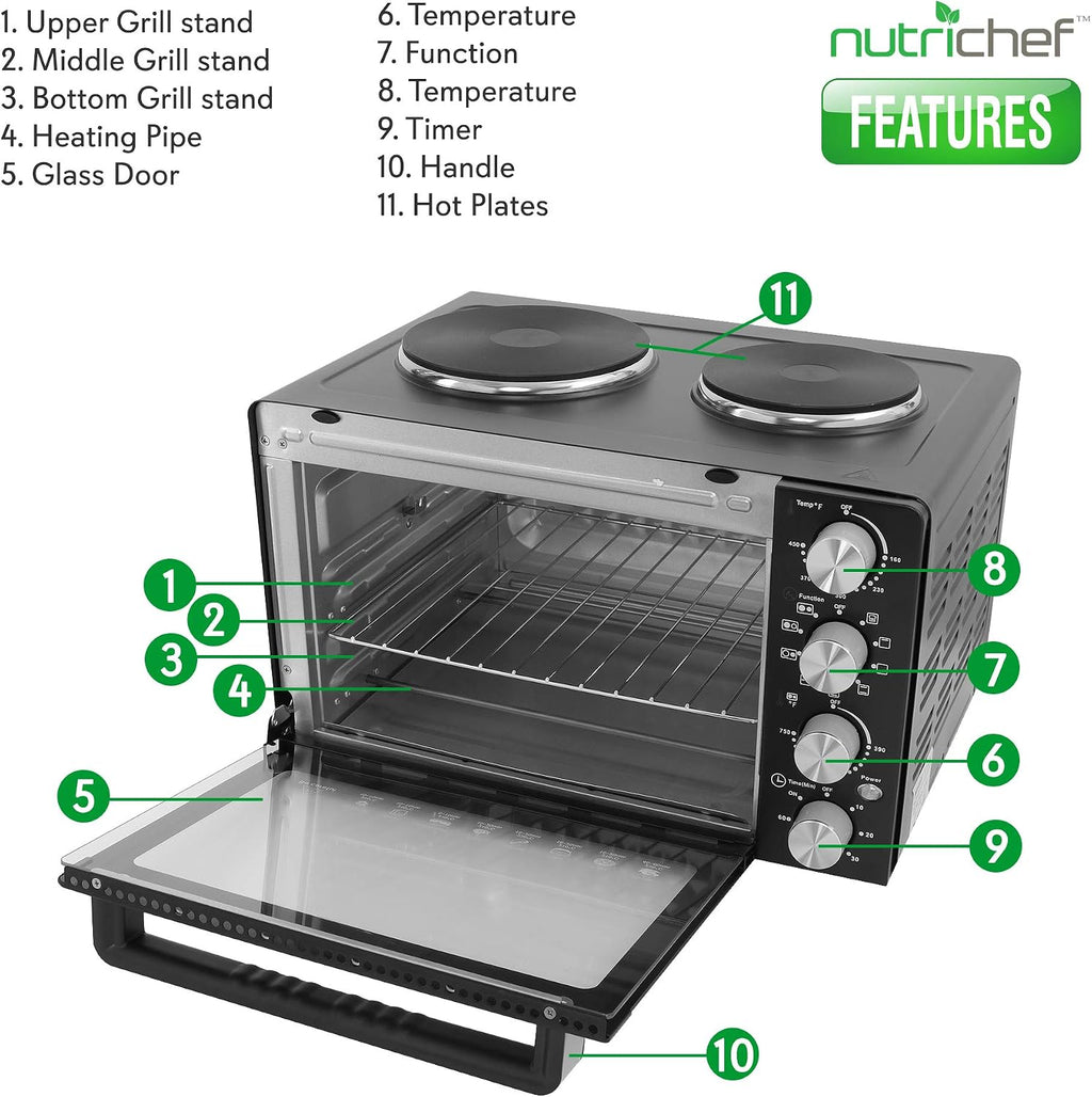 NutriChef Kitchen Convection Electric Countertop Rotisserie Toaster Oven Cooker with Food Warming Hot Plates, 30+ Quart (AZPKRTO28)