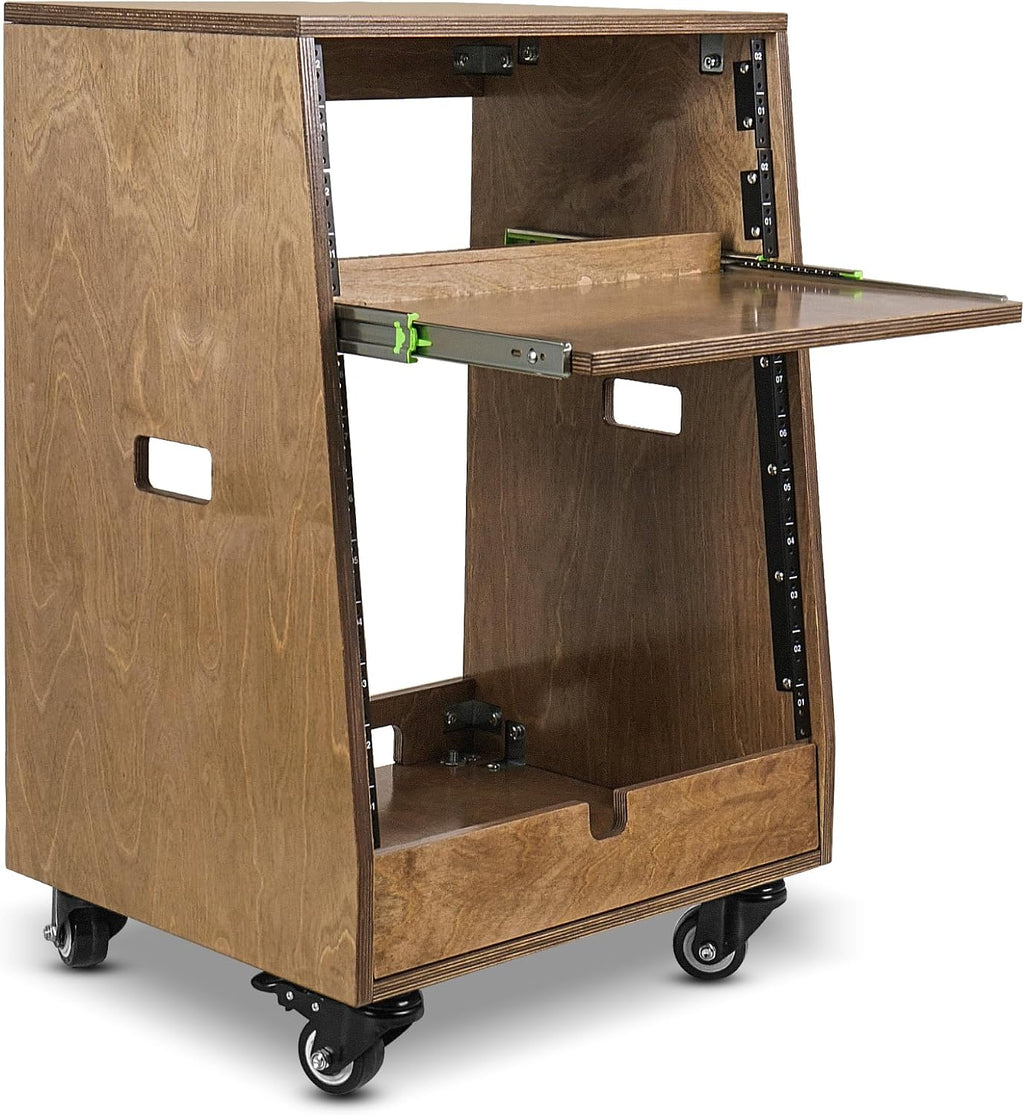 Sound Town DIY Slanted 12U Studio Rack (4U Top + 8U Lower), with 2U Bottom Storage, Slide-Out Tray, Caster, Plywood, Weathered Brown for Recording Room, Home Studio (SDRK-ST12TB)